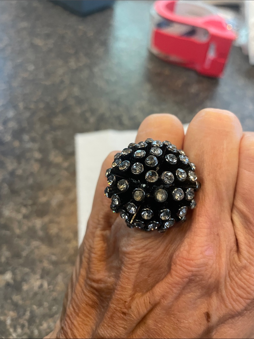 Black Crystal like Cluster Ring with Clear Rhinestones
